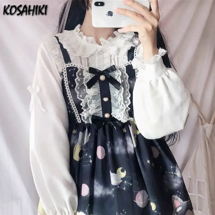 KOSAHIKI Japanese Preppy Autumn Spring Women White Shirt Collar Ruffles Femininos Blusas Cute Kawaii Sweet Lolita Girl Blouse