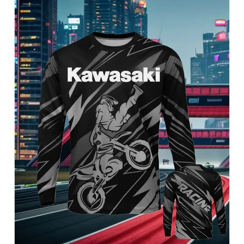 

Kawasaki 3D Printed Long Sleeved T-shirt, Hill Off-road Motorcycle Racing Mountain Bike Sportswear, Breathable Quick Drying Type