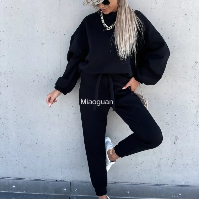 Women\'s Elegant Long Sleeve Outfit Warm Solid Color Hoodie Casual Two-piece Set Female Overalls Zipper Pocket Winter Femme Monos