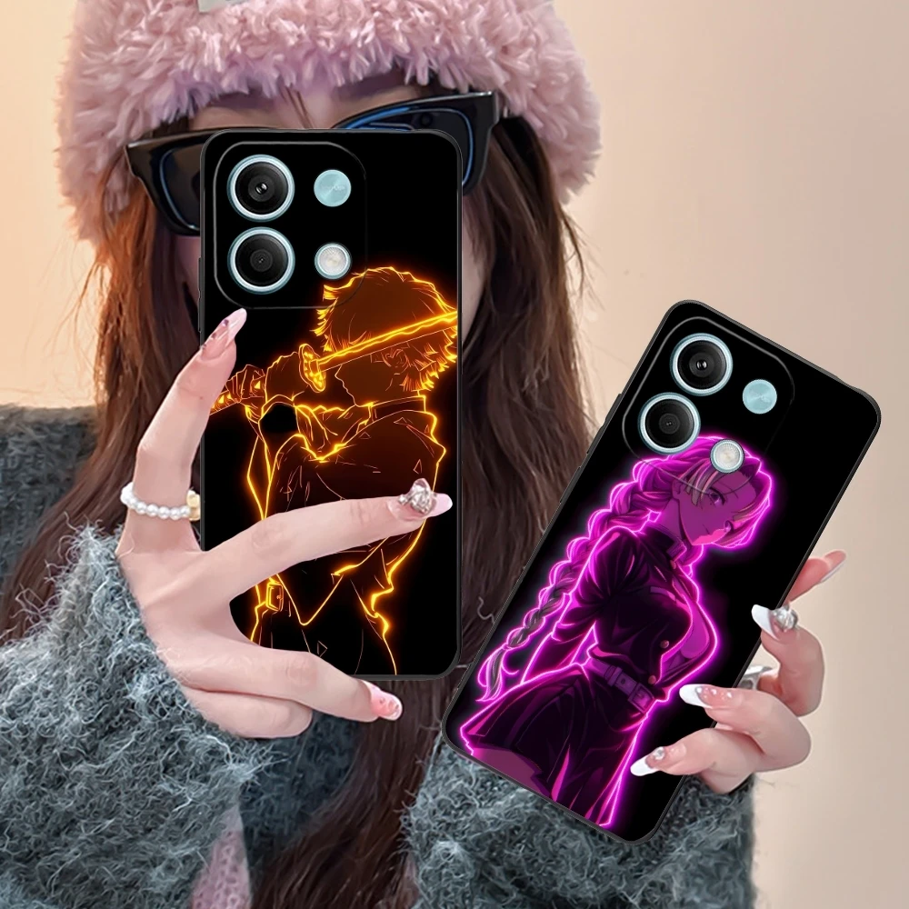 Demon Slayer Colored Neon Phone Case for Xiaomi POCO M6 M5 M4 M3 X6 X5 X4 X3 F6 F5 F4 F3 F2 C40 Pro GT 5G Black Cover Shell