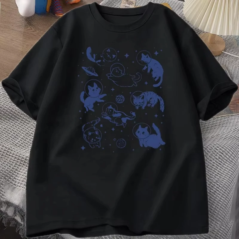Retro Cat in Space Pure Cotton Printed Men's and Women's Personalized Loose Short Sleeved New Fashionable Casual T-shirt