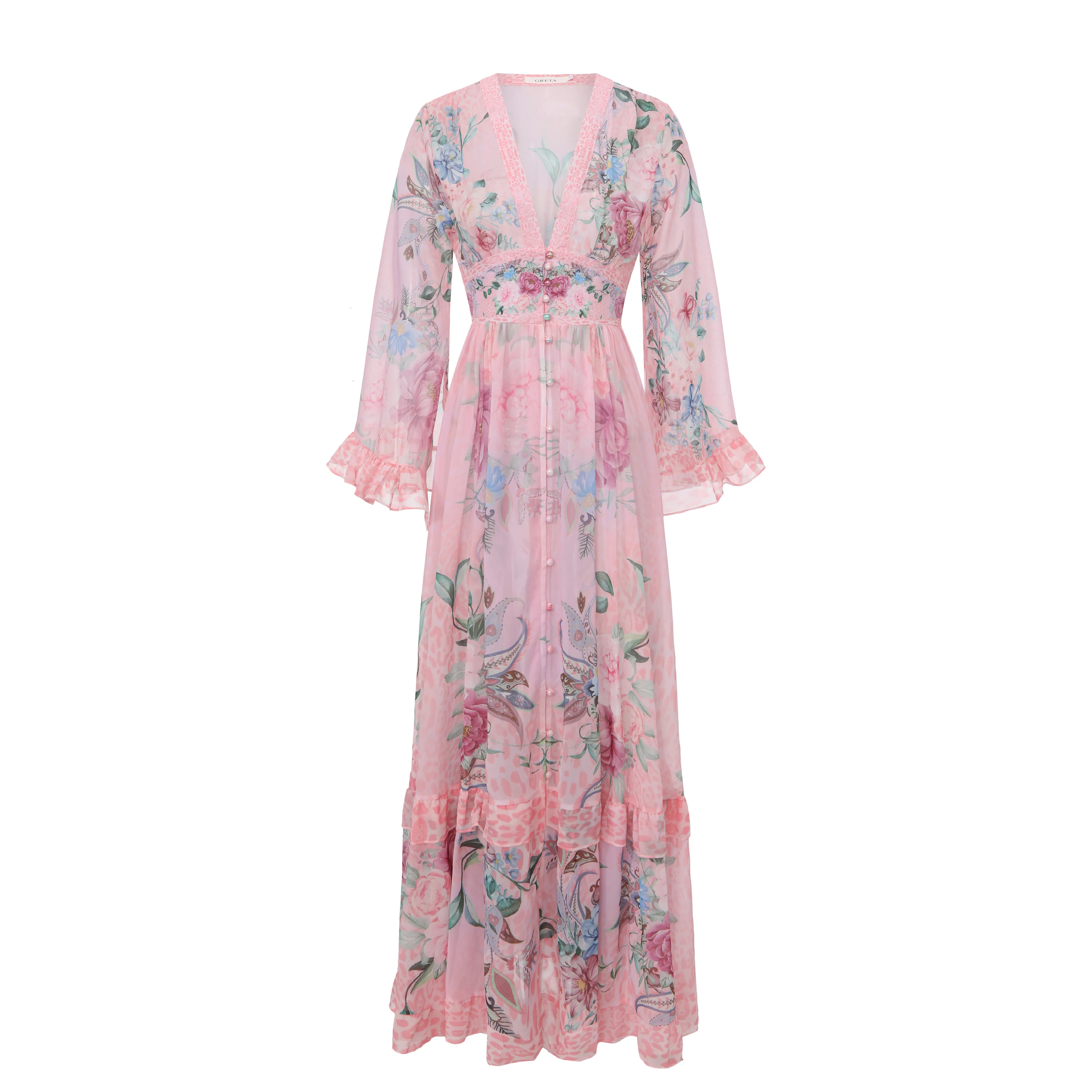 

Women's Flower Print Maxi Dress Spring Summer Holiday Deep V Neck Long Evening Party Vestido with Flare Full Sleeve