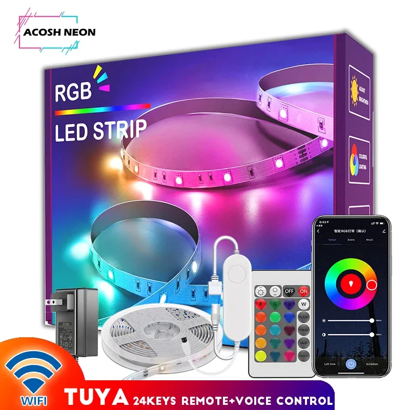 

TUYA RGB LED Strip Lights with Remote 24V Luces LED WIFI Flexible Led Tape 30m/98.4ft Waterproof Music Sync Led Strip for Home