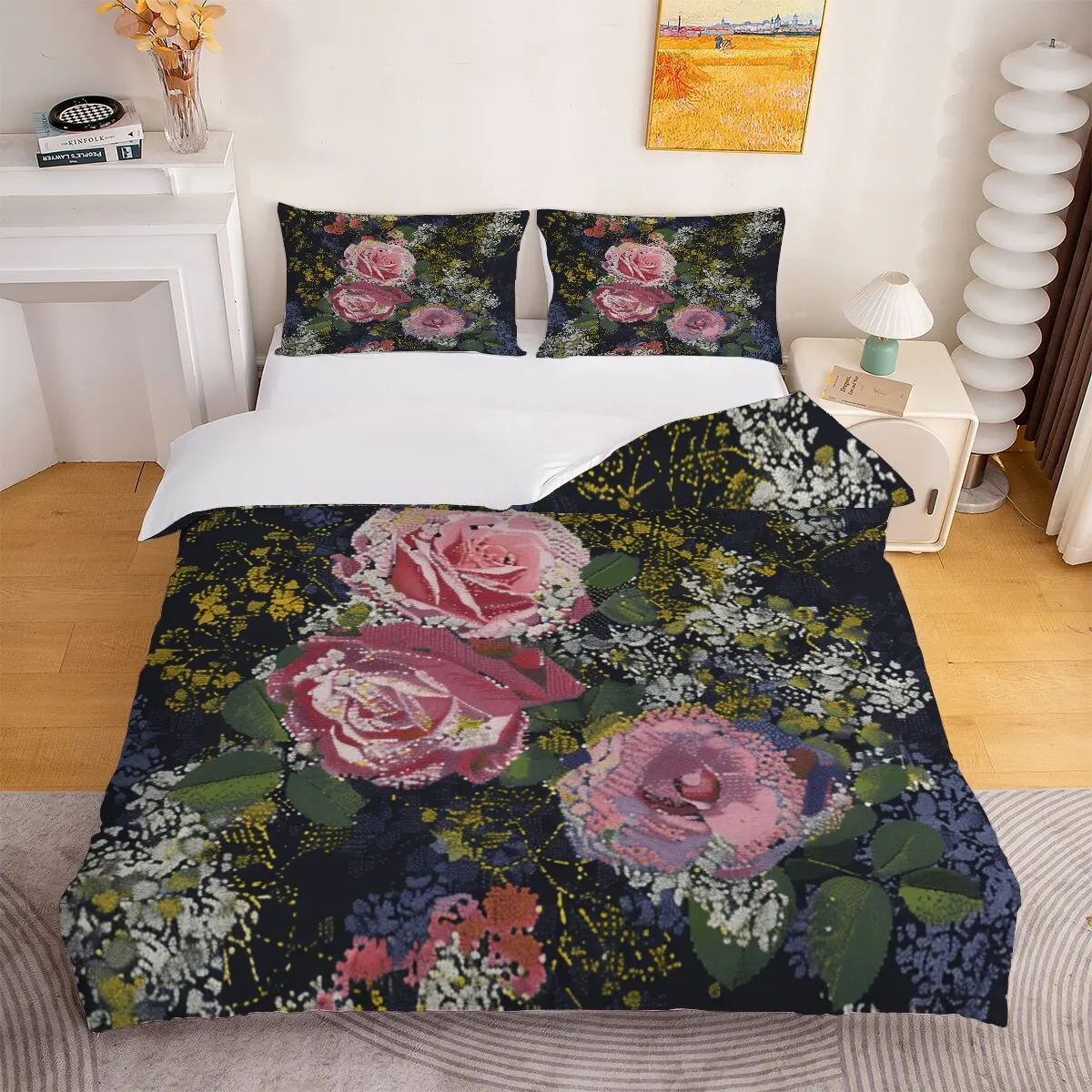 Pink rose  Duvet size  Blue background White flowers  1 duvet cover and 2 pillowcases (without blankets)