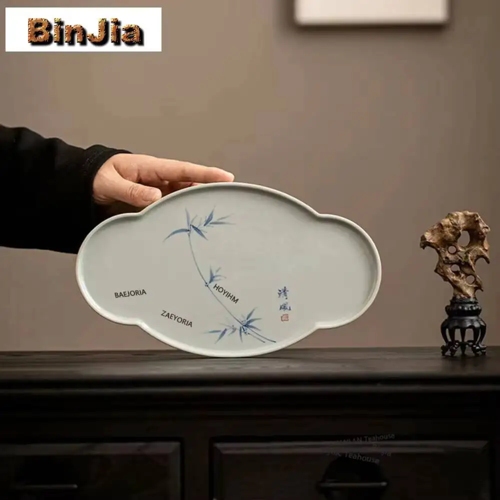 

Creative Hand-painted Bamboo Pot Bearing Holder Vintage Gaiwan Tray Dry Brew Table Tea Tray Household Chinese Tea Set Decoration