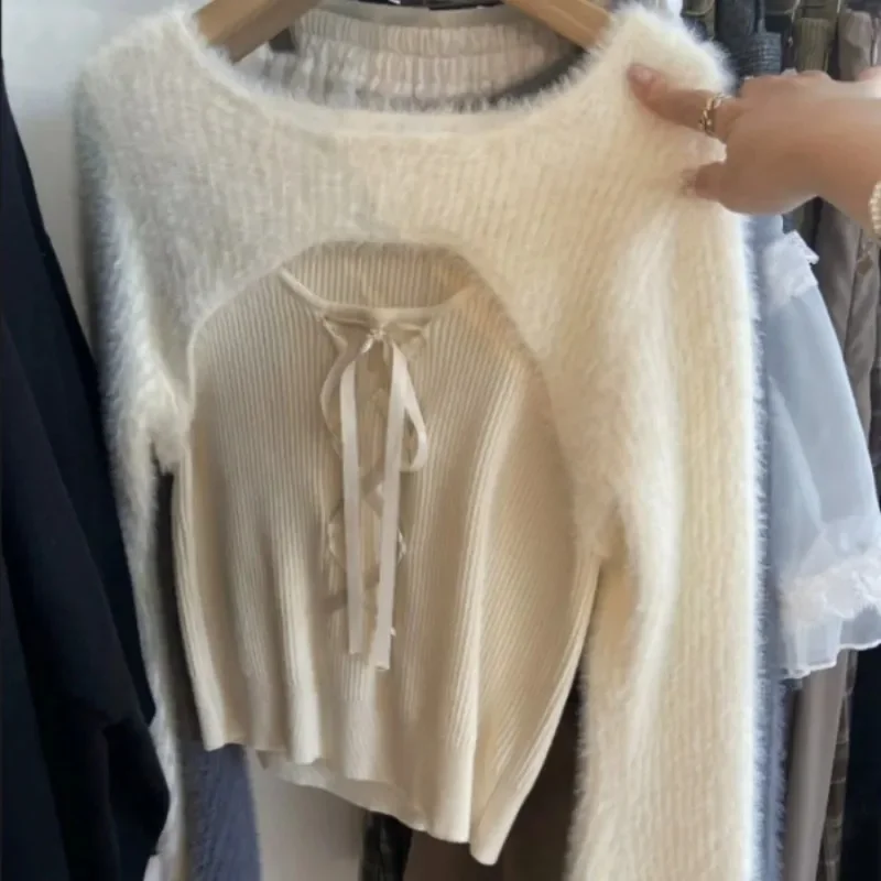 Maglioni scavati con fiocco incrociato con lacci Maglioni finti in due pezzi solidi a maniche lunghe Pull Femme 2025 Primavera Nuovo top in maglieria elegante giapponese