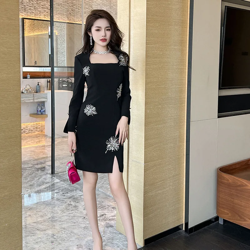 Autumn New Heavy Industry Design Diamond-Embedded Square Collar Hip Bag Dress Female Adult Lady like Woman Style Little Black