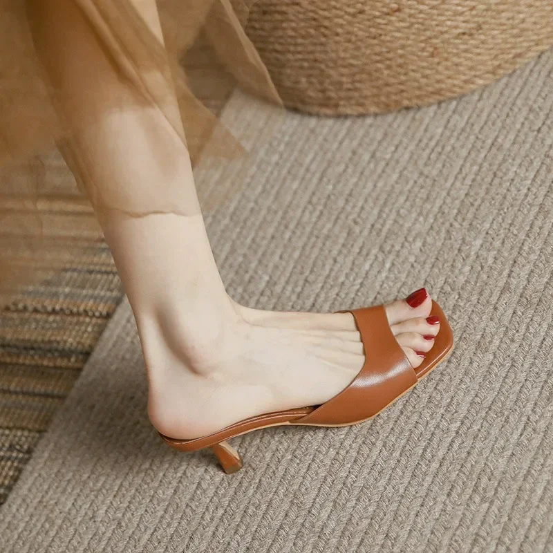 Genuine Leather French Slim Heel Slippers for Women's Summer New Fashionable Sandals Women Sweet Round Toe Slipper Ladies Shoes - view 6