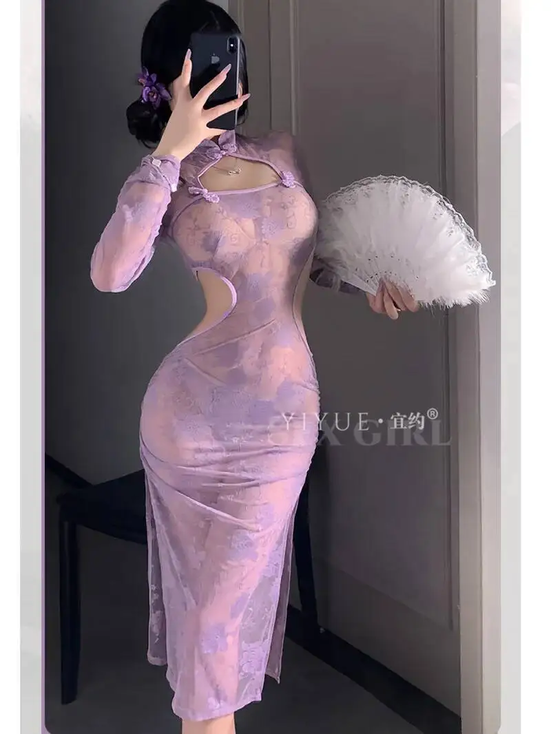 Sexy novo estilo chinês cheongsam feminino sexy renda pura magro uniforme vestido elegante malha renda pura vestidos femininos topos d6ly