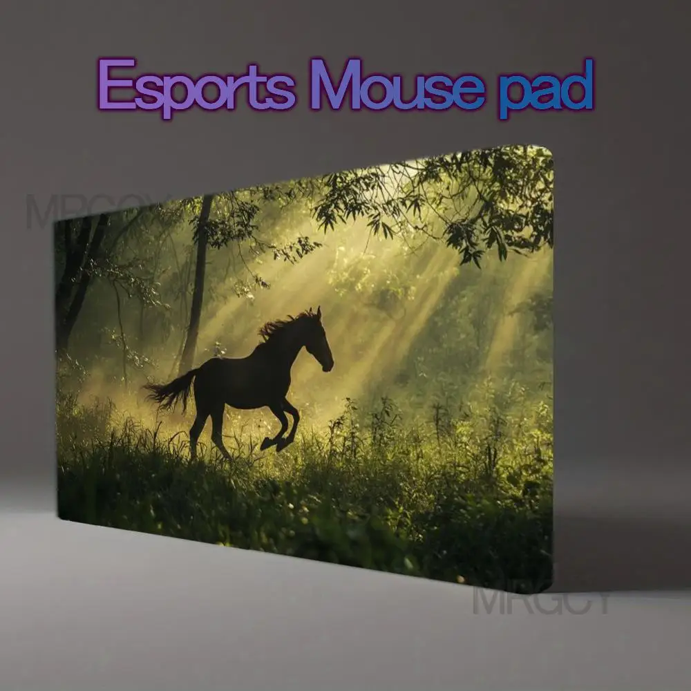 Large Gaming Mouse Pad Forest Running Horse Silhouette Sunlight Nature NonSlip Rubber Desk Mat for PC Computer Office Gamer Gift