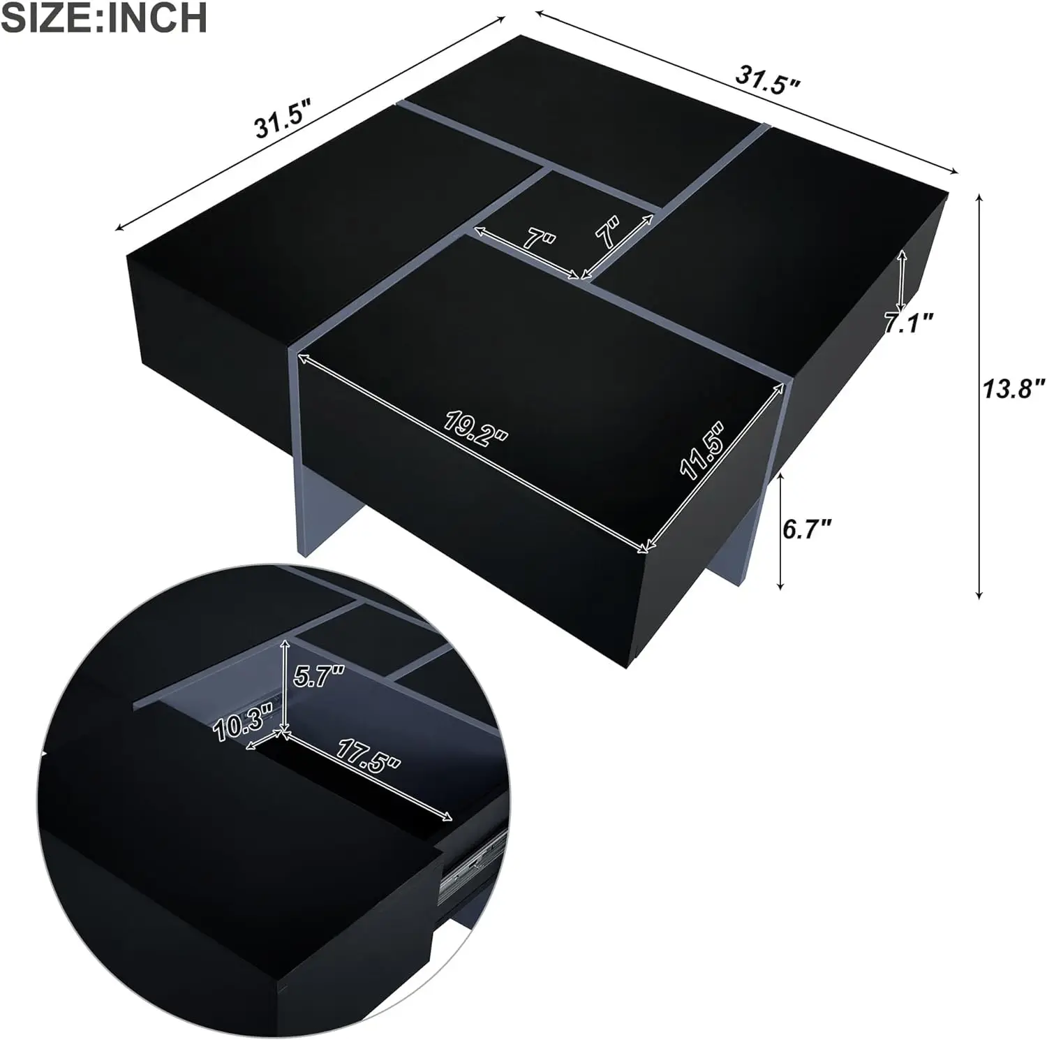 Coffee Table w/ 4 Hidden Storage, Center Table w/ Extendable Sliding Tabletop, High Gloss Coffee Tables for Living Room, Black