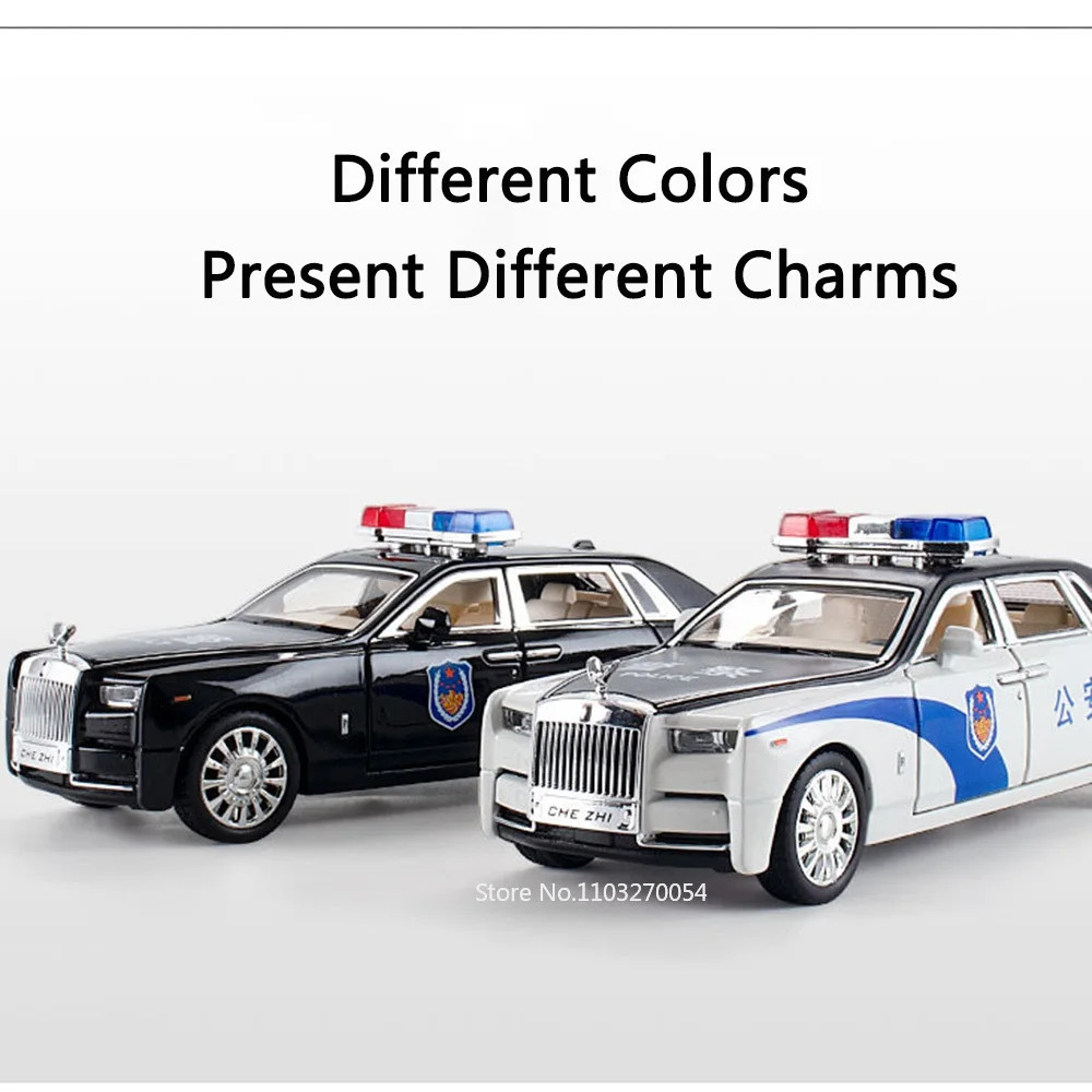 1/32 Rolls-Royce Phantom Car Model Toy Alloy Diecast Police Cars 6 Door Can Be Opened Sound Light Pull Back Vehicle for Boy Gift