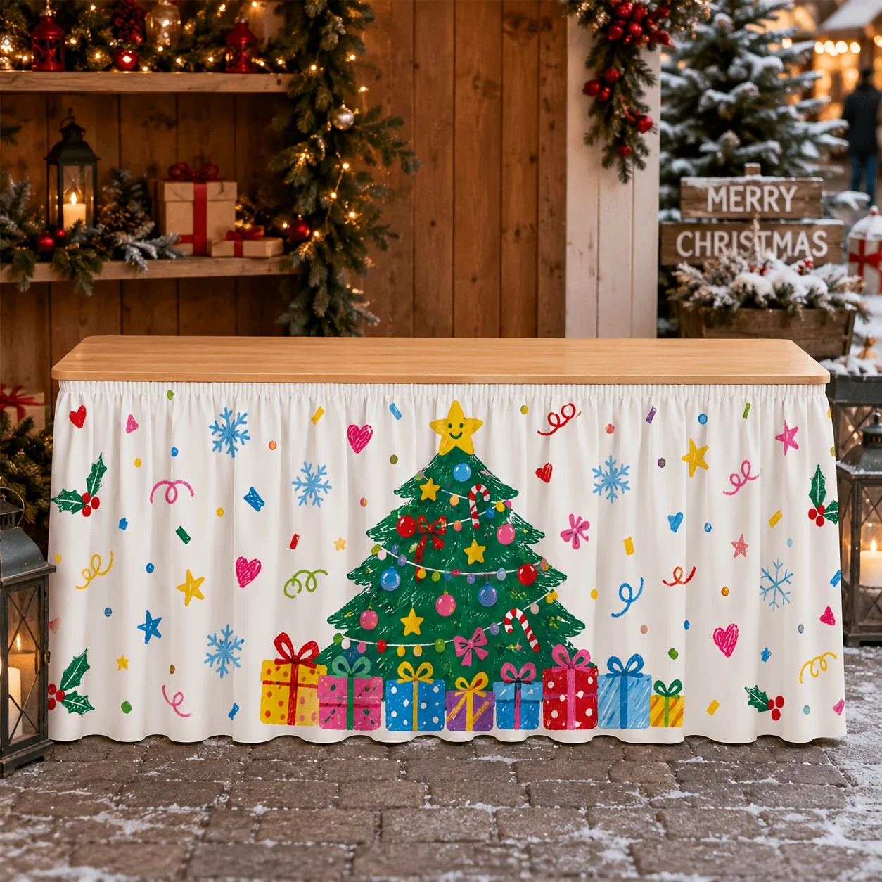 1 tablecloth table skirt, children's crayon Christmas table skirt