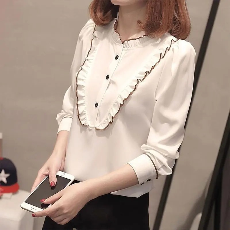 2024 Spring Autumn Ruffled Neck Shirt Sweet Spliced Women's Clothing Commute Button Korean Straight Solid Color All-match Blouse