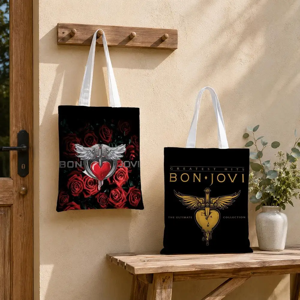 Band B-Bon Jovi  Storage Bags Large Structured Canvas Tote Bag Reusable Shopping Shoulder Bag Casual Handbag