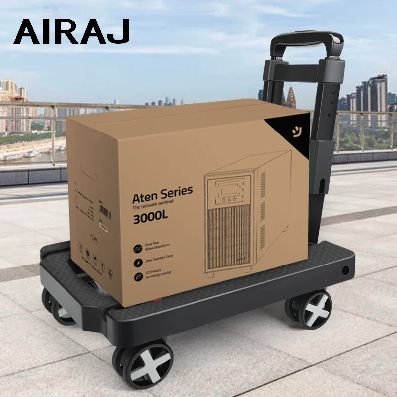 AIRAJ-Camión de mano plegable de 4 rondas, carrito ligero pequeño, mochila portátil telescópica, equipaje, viaje, mudanzas, compras, color negro