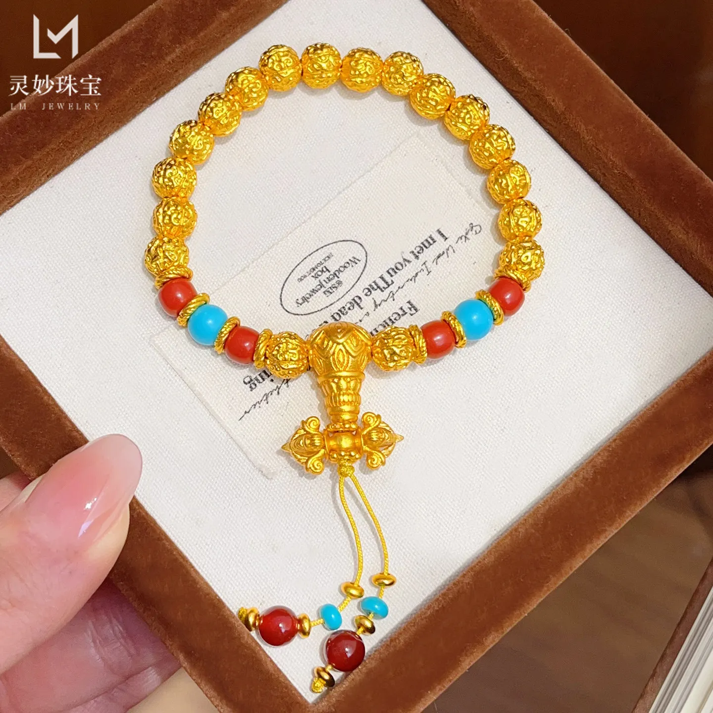 Walnut Bead Lotus Three-way Red Agate Tassel Bracelet For Women 24K Gold AU999, Flowing Tassel, Dynamic & Photogenic