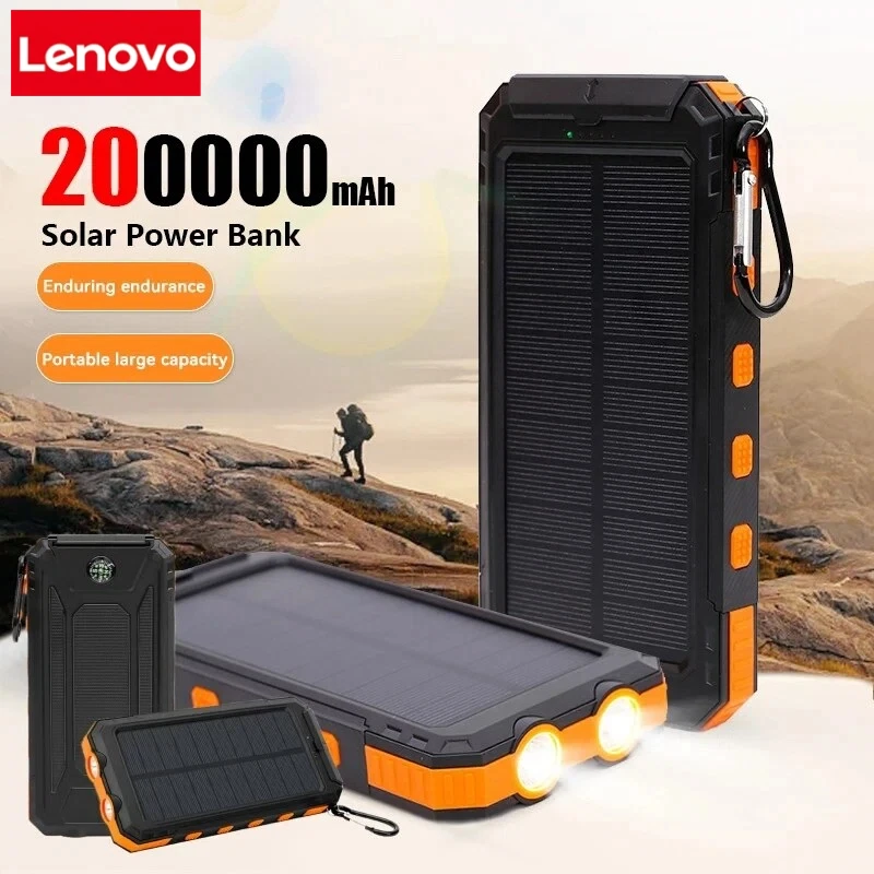 

Портативный внешний аккумулятор Lenovo 200000 мАч на солнечной энергии с мощной LED-подсветкой для iPhone и Huawei