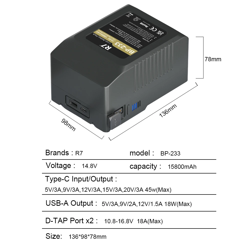 14.8V V Mount V-Lock Battery BP-233 for Sony Camcorder Broadcast LED Video Light Blackmagic URSA Mini Pro