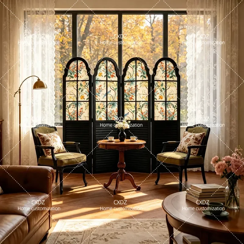 French Medieval Style Retro Solid Wood Folding Screen with Flower and Bird Pattern Mobile Partition for Living Room Entrance