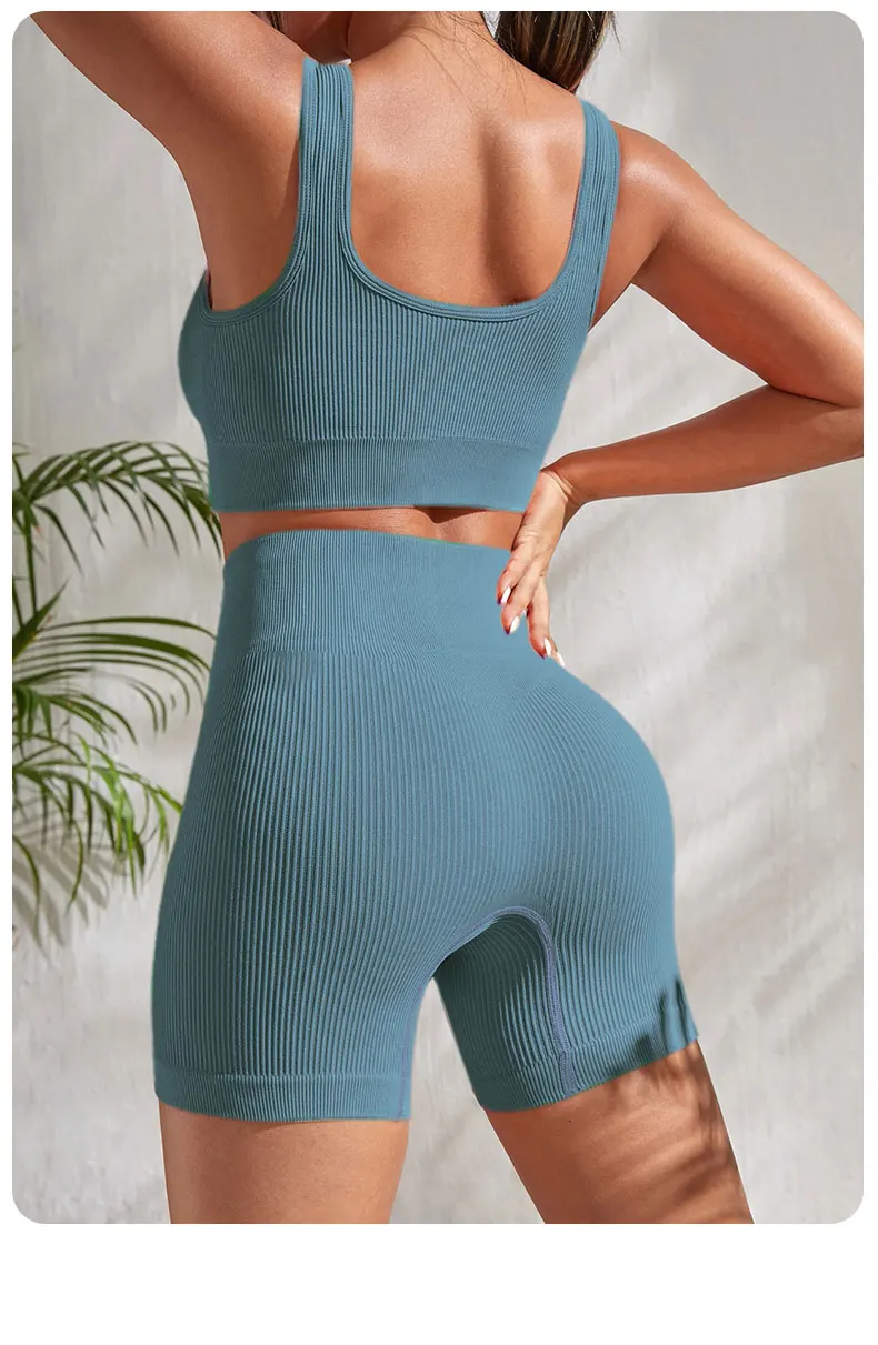 Nahtloses, geripptes Fitness-Set für Damen, einfarbig, gestrickt, 2-teiliges Workout-Outfit, bauchfreies Tanktop, Shorts mit hoher Taille, Yoga, Laufen – Detail 11