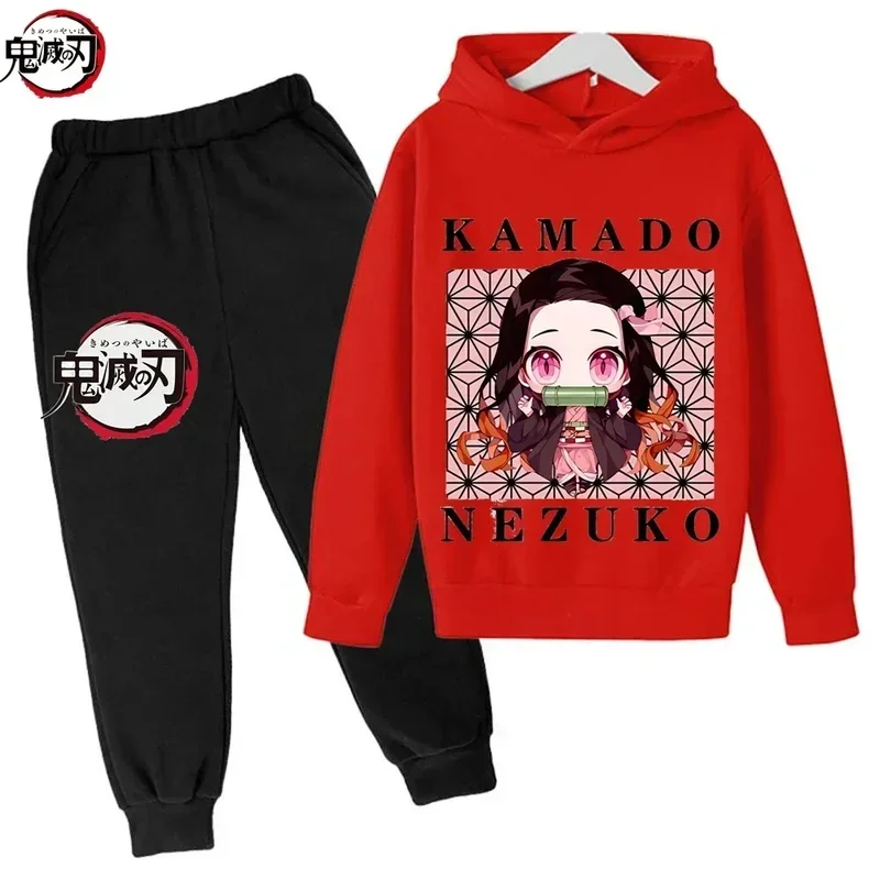 Demon Slayer Anime Tanjiro e Nezuko Stampa Pantaloni con cappuccio per bambini 2 pezzi Set Primavera Autunno Bambini Ragazza Abbigliamento moda Street Sportsu
