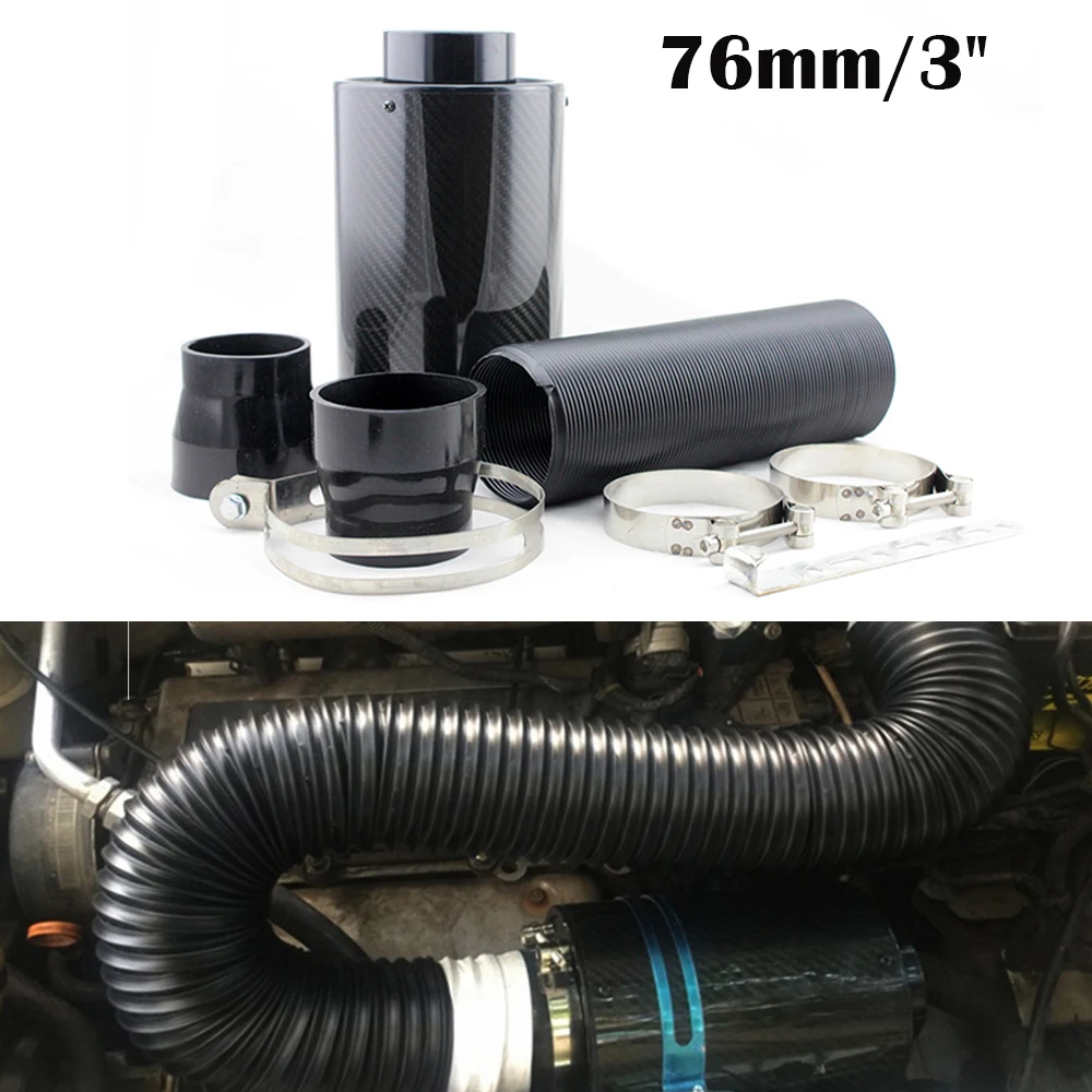 Universal Racing Car Air Intake Filter Kit 76mm/3\'\' Cold Air Car Intake Pipe Carbon Fiber with Intake Hose High Flow Air Filter