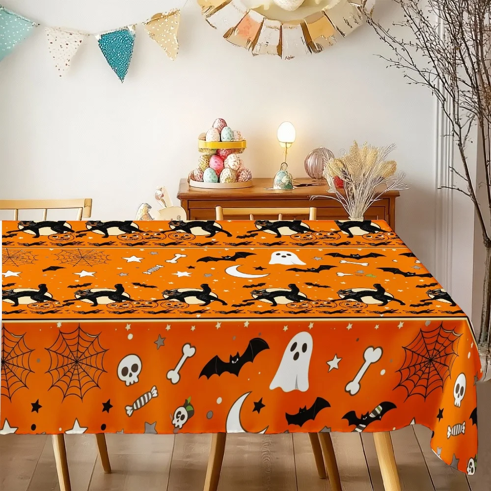 Halloween Rectangle Tablecloth Black Cat Pumpkin Ghost Bat Cobweb Table Cloth for Indoor Outdoor Halloween Table Decoration