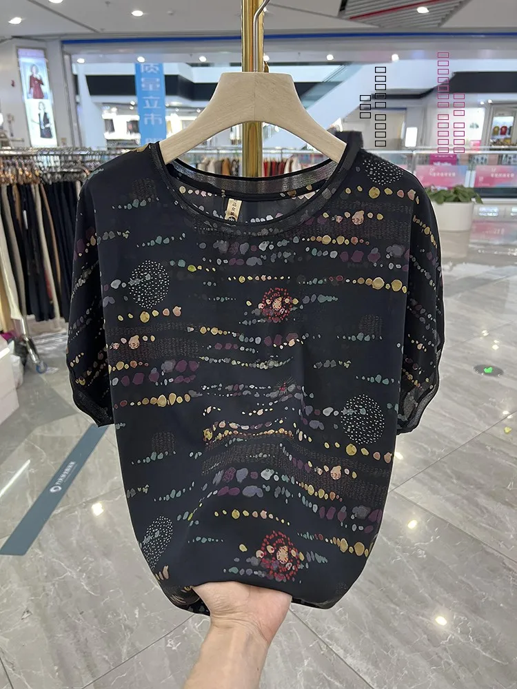 

Faionable Mom Printed round Ne ort Sve Chiffon T-irt Summer New Sle Loose Top for Middle-Aged And ly Women