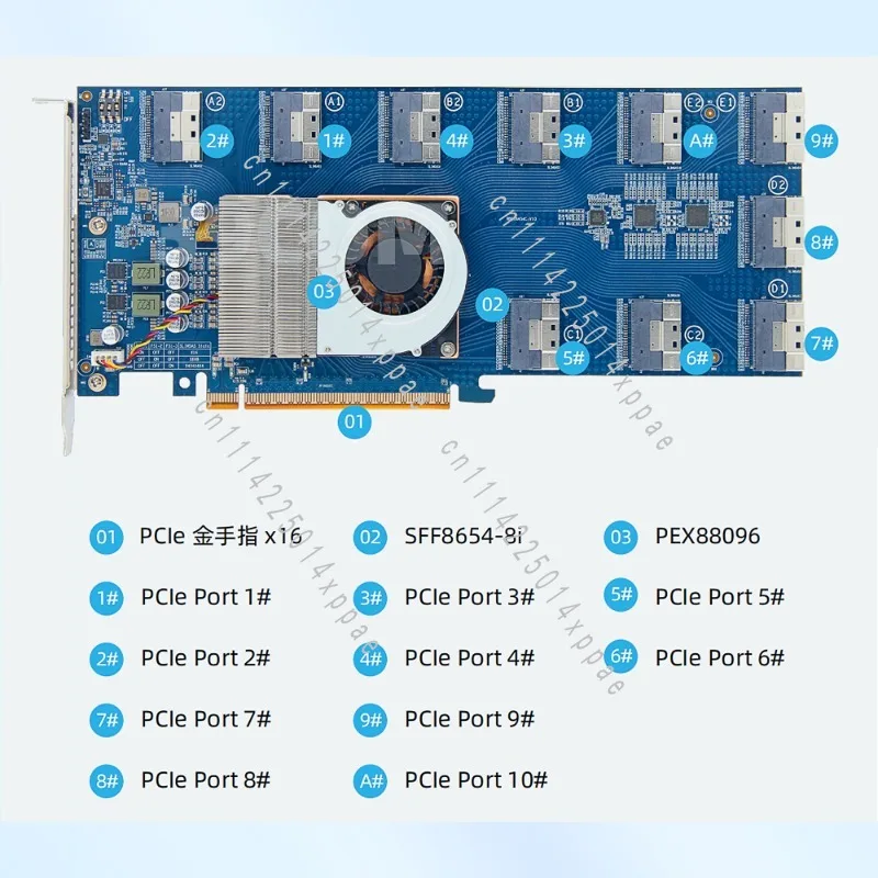 PLX88096 Expansion Card 10-Port to 5 PCIE 4.0 X16/X8 U.2 Hard Drives Connect SFF-8654 Riser Required X16 SWITCH for Computer Com