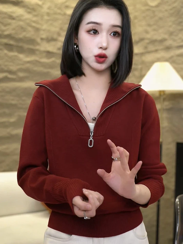 Faionable محبوك سترة المرأة f سستة الياقة ملابس داخلية التخسيس Sle جديد الخريف الشتاء فضفاضة تناسب مزدوجة سستة