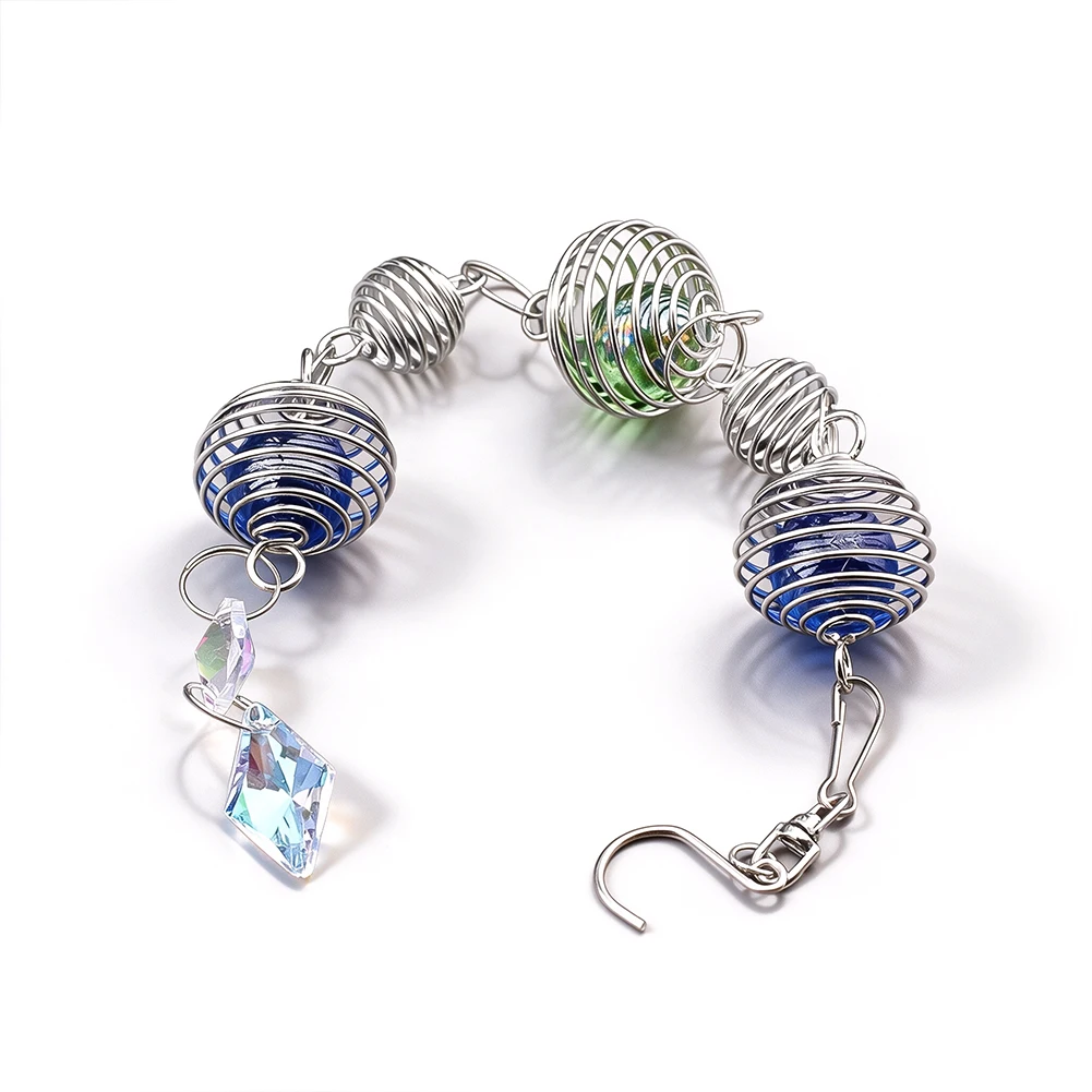 Silver Wire Spiral Cage Wind Chime Blue Green Glass Ball Crystal Prism Pendant Garden Window Hanging Outdoor Decor Ornament 30cm