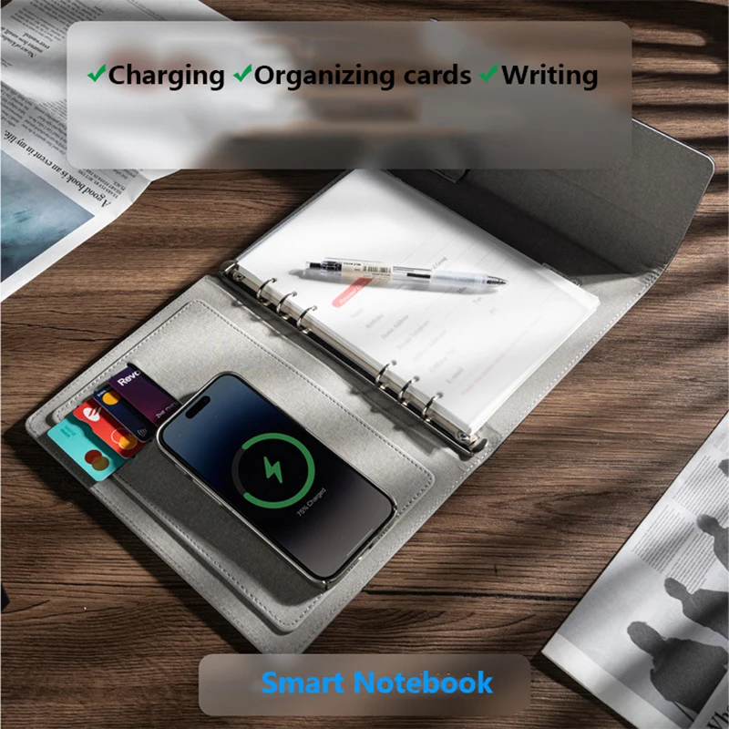 

Business Multi-Function Charging Notebook 8000mAh Wireless Charging Notepad A5 Clock Notebook Loose Leaf Book for Student Office