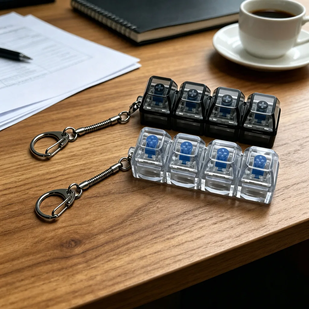4-Key Transparent Mechanical Keyboard Keychain, No Light Fidget Clicker Stress Relief Toy, Portable Keycap Pendant Gift