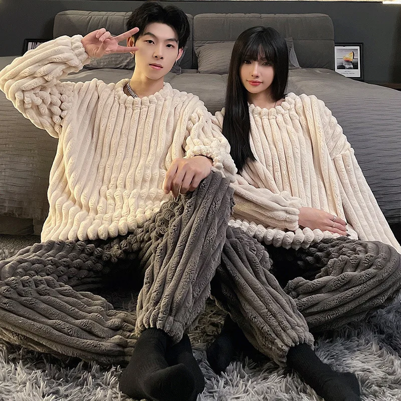 Yasuk Winter Women\'s Men Casual Warm Soft Pullover Sleepwear Pajamas With Pants Velvet Fleecel Couple Unisex Simple Stripes