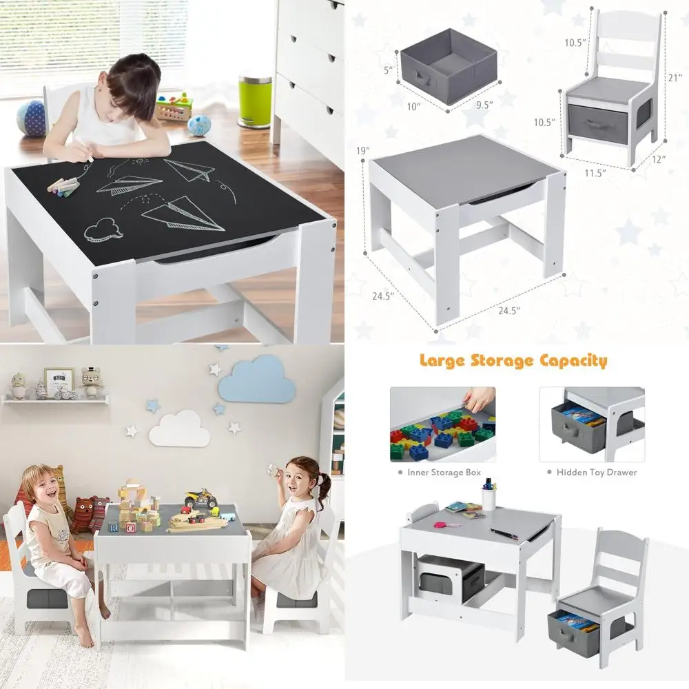

3-in-1 Wooden Kids Table and Chair Set with Storage, Detachable for Art, Reading, and Play, Gray