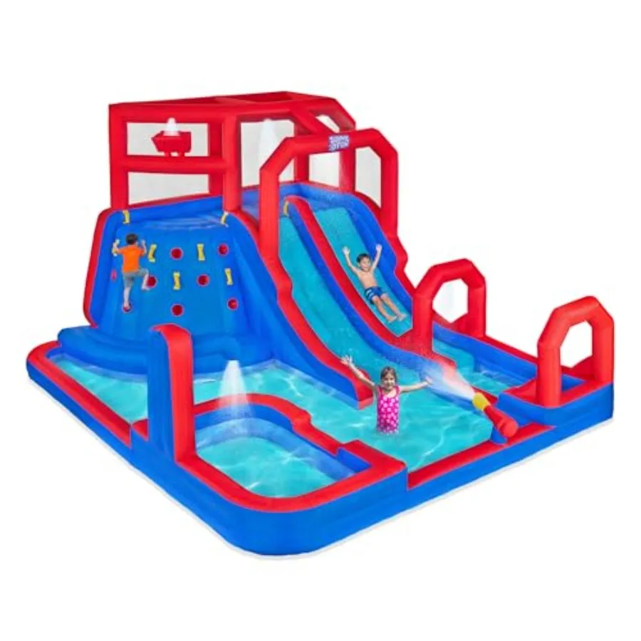 

Outdoor inflatable water slide park with heavy-duty PVC blue and red featuring climbing wall dual slides deep splash pool quick