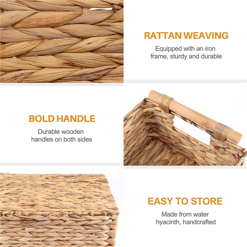 ABWR-ตะกร้าหวายสี่เหลี่ยมพร้อมที่จับไม้สําหรับชั้นวาง,ตะกร้าผักตบชวาน้ําเก็บ,ตะกร้าธรรมชาติ