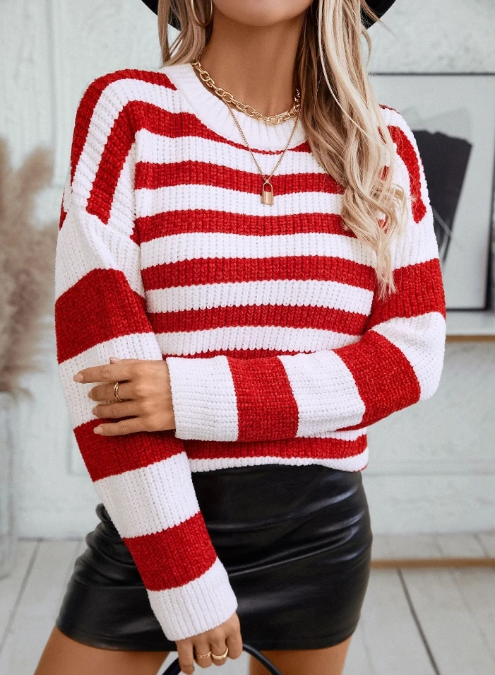 

Casual and fashionable striped color blocked chenille pullover sweater, fashionable and casual 2024 autumn new women's clothing