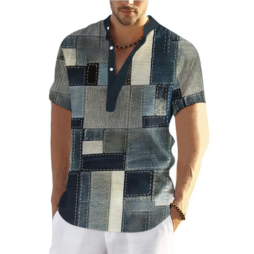 Color Block Patchwork 3D Print Henley Shirts Men\'s Vintage Button Stand Collar Short Sleeve T Shirt Male Tees Tops Man Clothing
