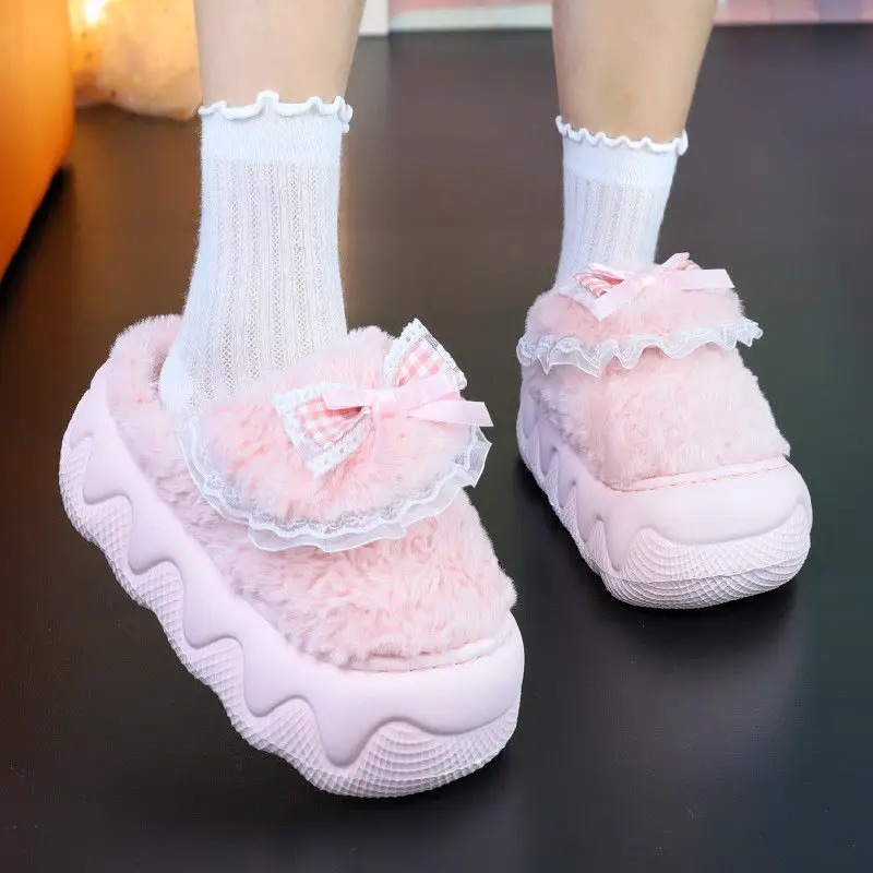 

High Platform 6cm pink fluffy slippers with bow girls lace edge indoor increasing height shoes for women 2025 new furry slides