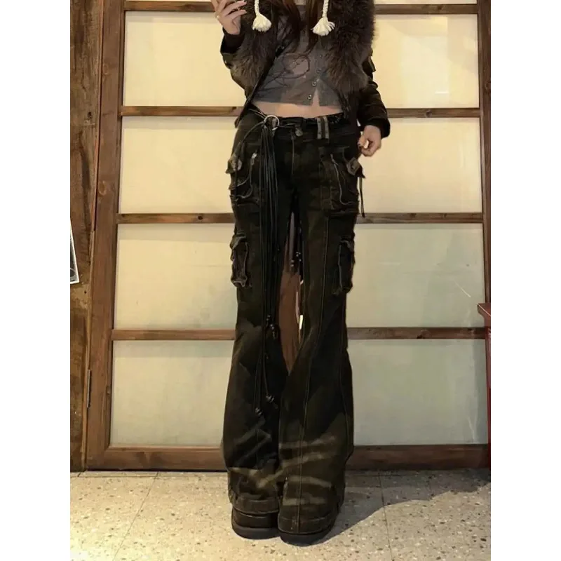 Women Korean Fashion Chic Jeans Grunge Japanese Harajuku Gyaru Y2K Denim Cargo Pants Cyber Punk Hip-pop 2000s Aesthetic Tomboy