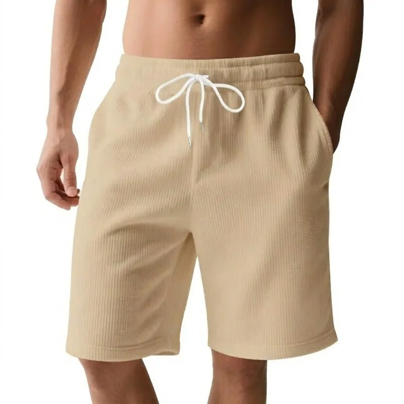 

Men's Ribbed Knit Shorts Drawstring Waist Casual Knee-Length Pocketed Summer Jogger Shorts