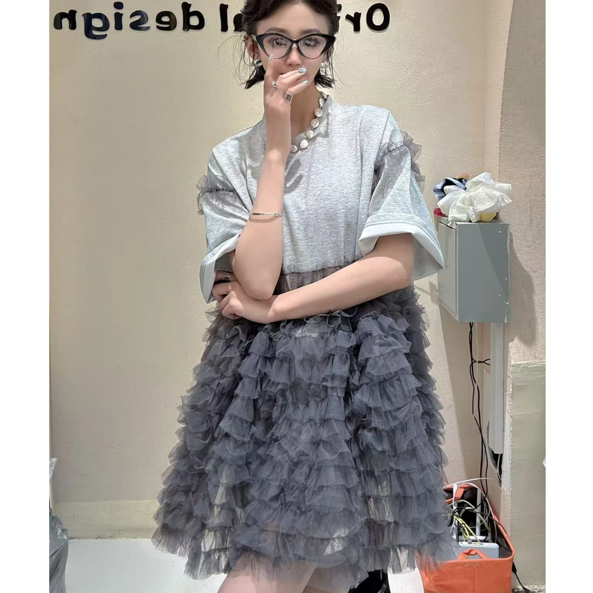 Zomer Luxe Vrouw Mesh Gesplitste Ruches T-shirts Gaas Geplooide Ruches Tee Jurk Korte Mouwen Garen Lotus Jumpers Tops Vestidos