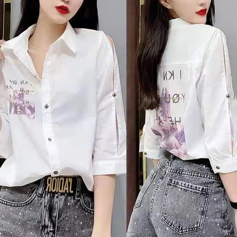 

Korean Fashion Printed Letter Blouse 2023 Summer Casual Off Shoulder Spliced Women's Clothing Single-breasted 3/4 Sleeve Shirt