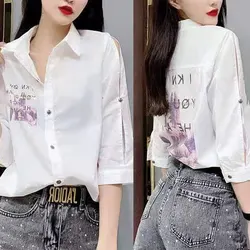 Korean Fashion Printed Letter Blouse 2023 Summer Casual Off Shoulder Spliced Women's Clothing Single-breasted 3/4 Sleeve Shirt