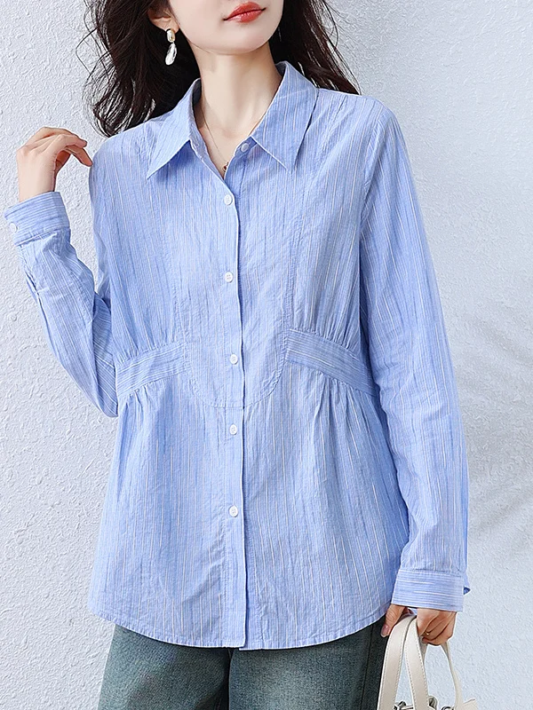 

Trendy Striped Patchwork Loose Women's Shirt Spring Autumn New Style Breathable Comfortable Long Sleeve Collar Button down