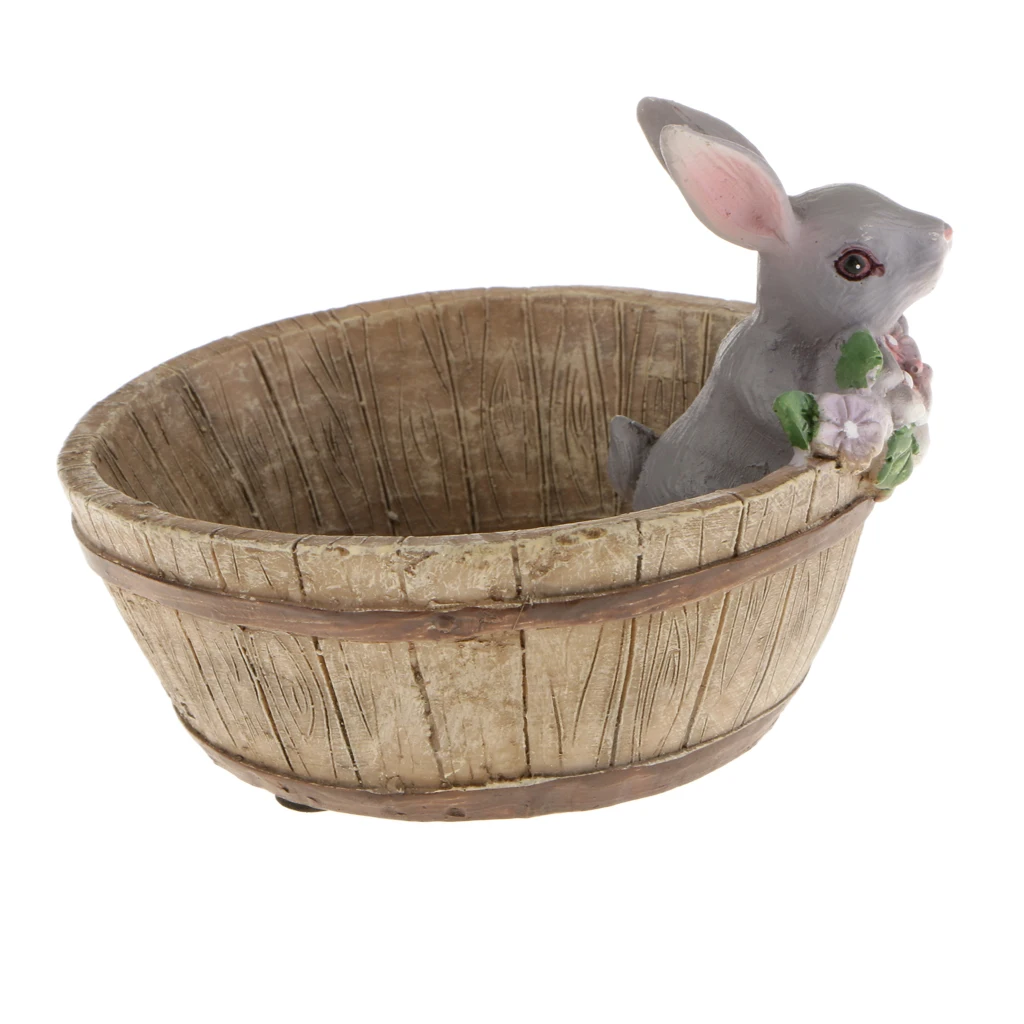 فناء أرنب رمادي من الراتنج وسرير زراعة حديقة وعاء بونساي عصاري #5