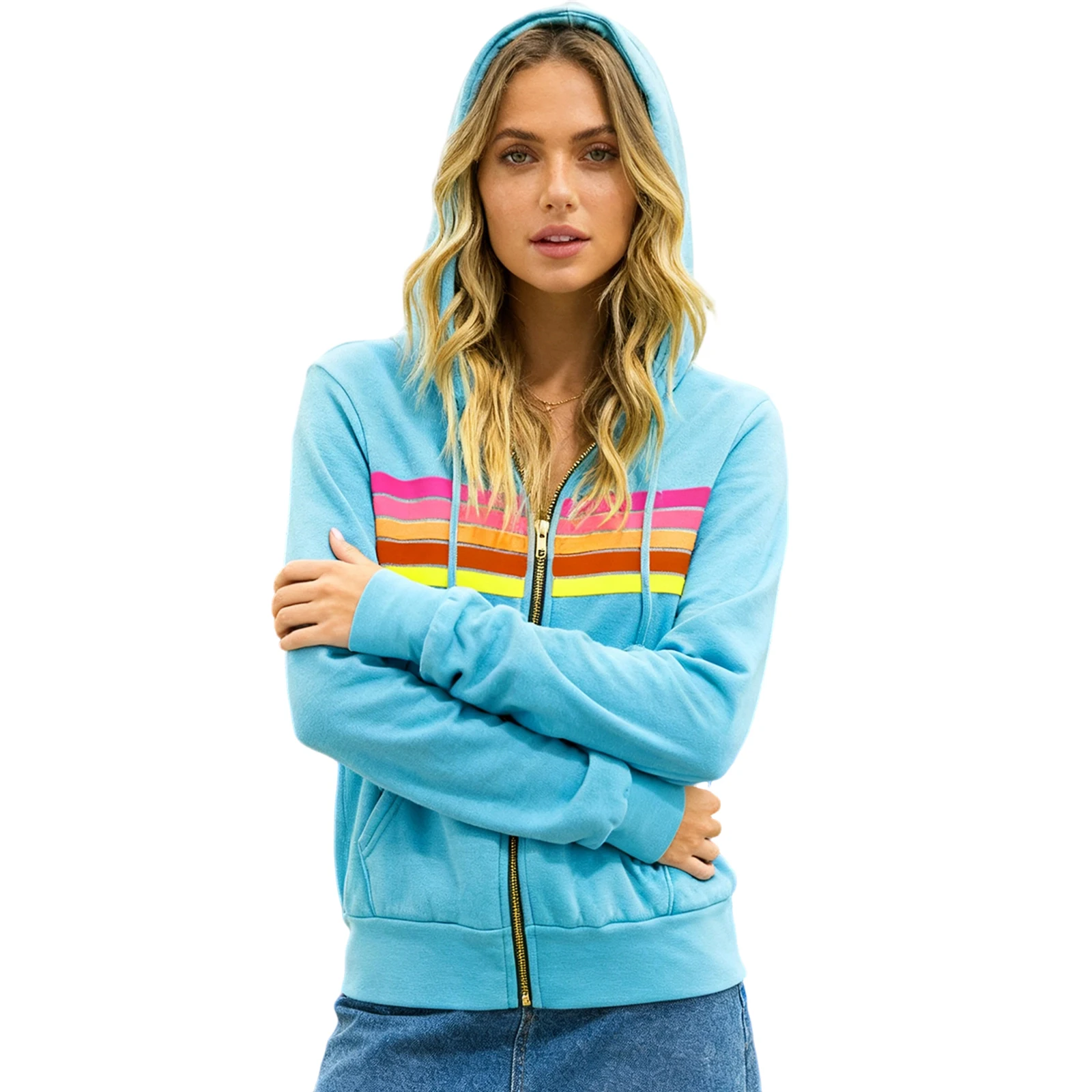 

Women’s Hooded Jacket Zip Up Sweatshirt Coat with Colorful Horizontal Stripes for Layering and Everyday Wear