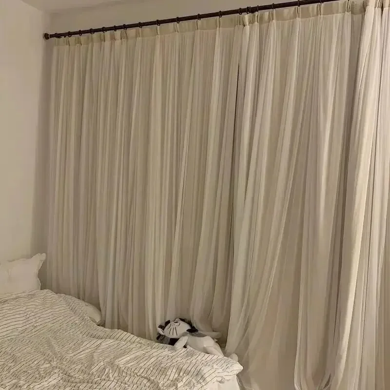 

Double-layer Celebrity Luxury Cloth Gauze Fantasy Pleated Curtain Finished Modern Simple Curtains for Living Room White Tulle.
